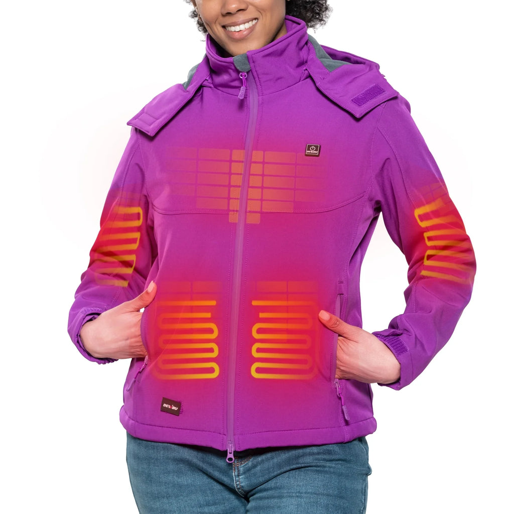 Heated Jacket for Women with Detachable Hood, Soft Shell Heated Coat with 12V Battery Pack, Waterproof Heating Jacket for Winter Outdoor