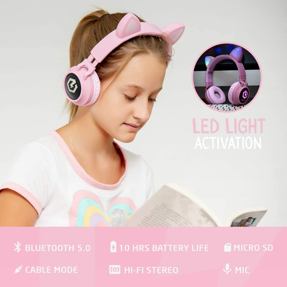 Kids Cat Ear Headphones, Bluetooth 5.3 Wireless, LED Lights, Safe Volume Limit, Micro SD/TF, for Ipad, Tablet, Travel (Pink)