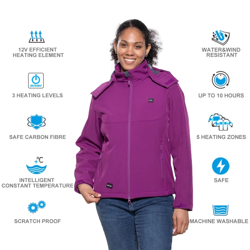Heated Jacket for Women with Detachable Hood, Soft Shell Heated Coat with 12V Battery Pack, Waterproof Heating Jacket for Winter Outdoor