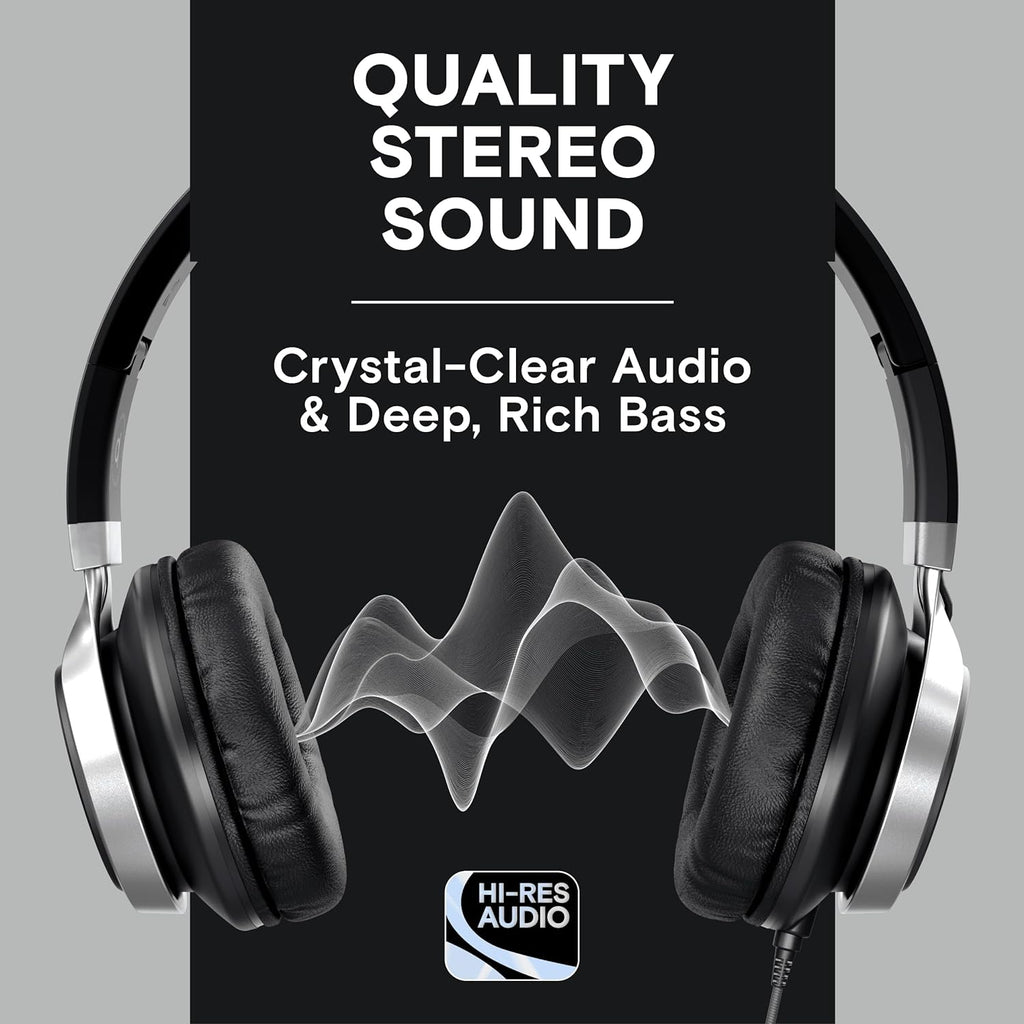 CL750 Wired Headphones with Mic & Volume Control — Noise Isolating On-Ear Headphones for Computer and Laptop Wired, Plug in Corded Headphone over Ear with Wire (Foldable, Aux Jack 3.5Mm)