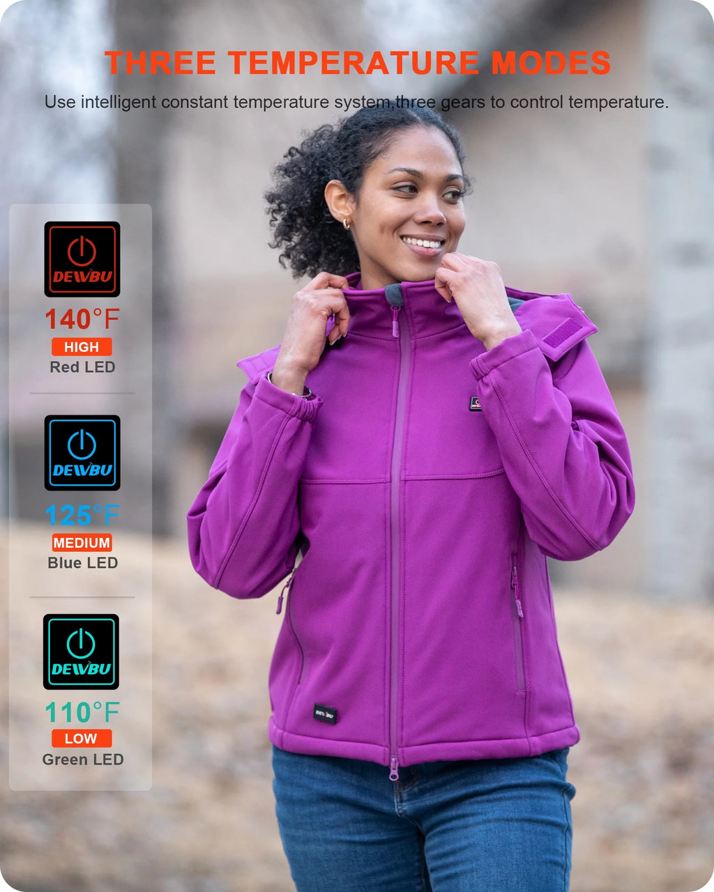 Heated Jacket for Women with Detachable Hood, Soft Shell Heated Coat with 12V Battery Pack, Waterproof Heating Jacket for Winter Outdoor